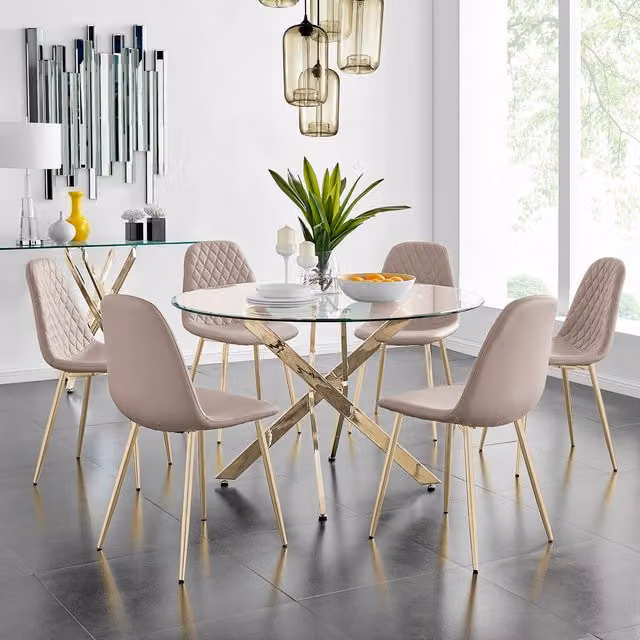 FurnitureboxUK Novara Dining Table and Six Corona Gold Chairs Set in Cappuccino with Glass Top and Faux Leather Seats