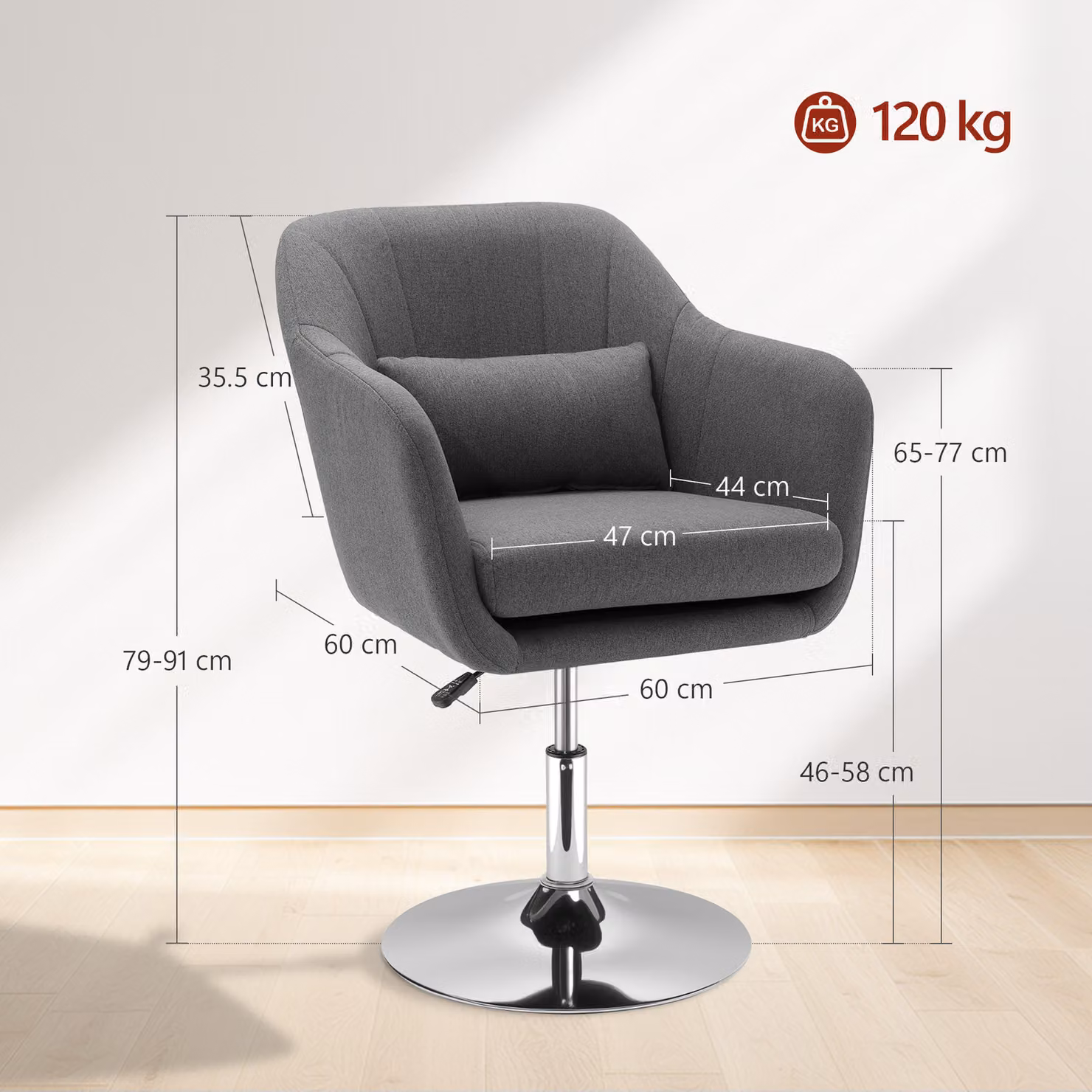 HOMCOM Retro Grey Linen Swivel Tub Chair with Metal Frame and Armrests – 3