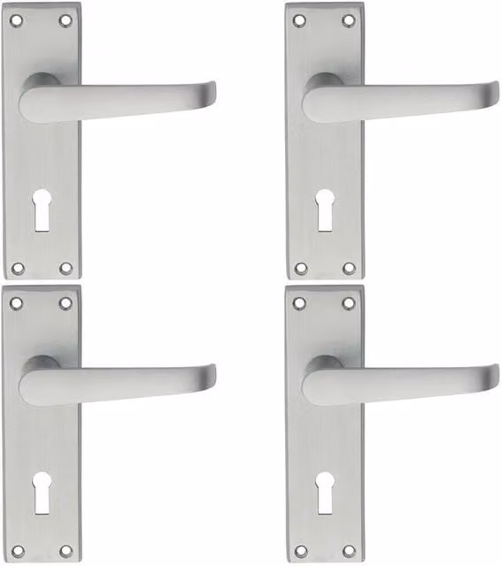 Loops 4 Pairs of Straight Victorian Handle on Lock Backplate in Satin Chrome, W: 150 mm, H: 43 mm