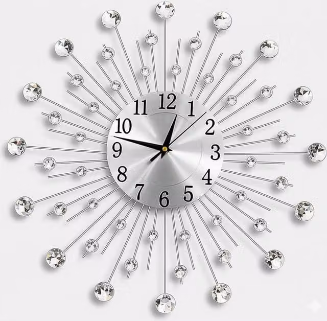 Crystals Diamante Beaded Sunburst Wall Clock in Metallic Silver, Diameter: 48 cm – 1