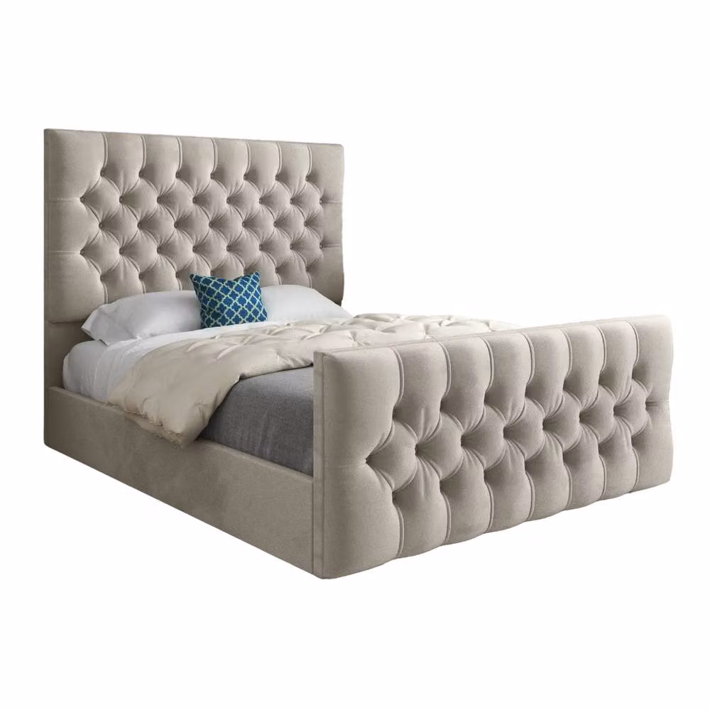 KDMD Rothwell Upholstered Chesterfield Bed Frame in Beige Velvet, Size: Double (140 x 200 cm) – 2