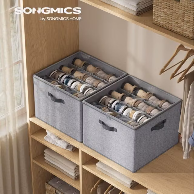 SONGMICS Stackable Shoe Organiser with Lid, Grey