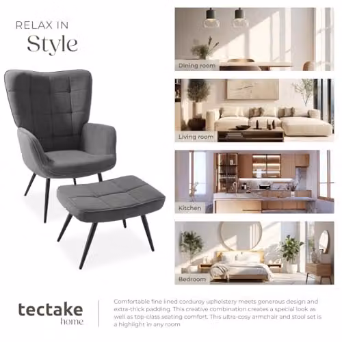 tectake Scandi Style Armchair with Integrated Footstool in Anthracite and Black Corduroy Fabric – 8