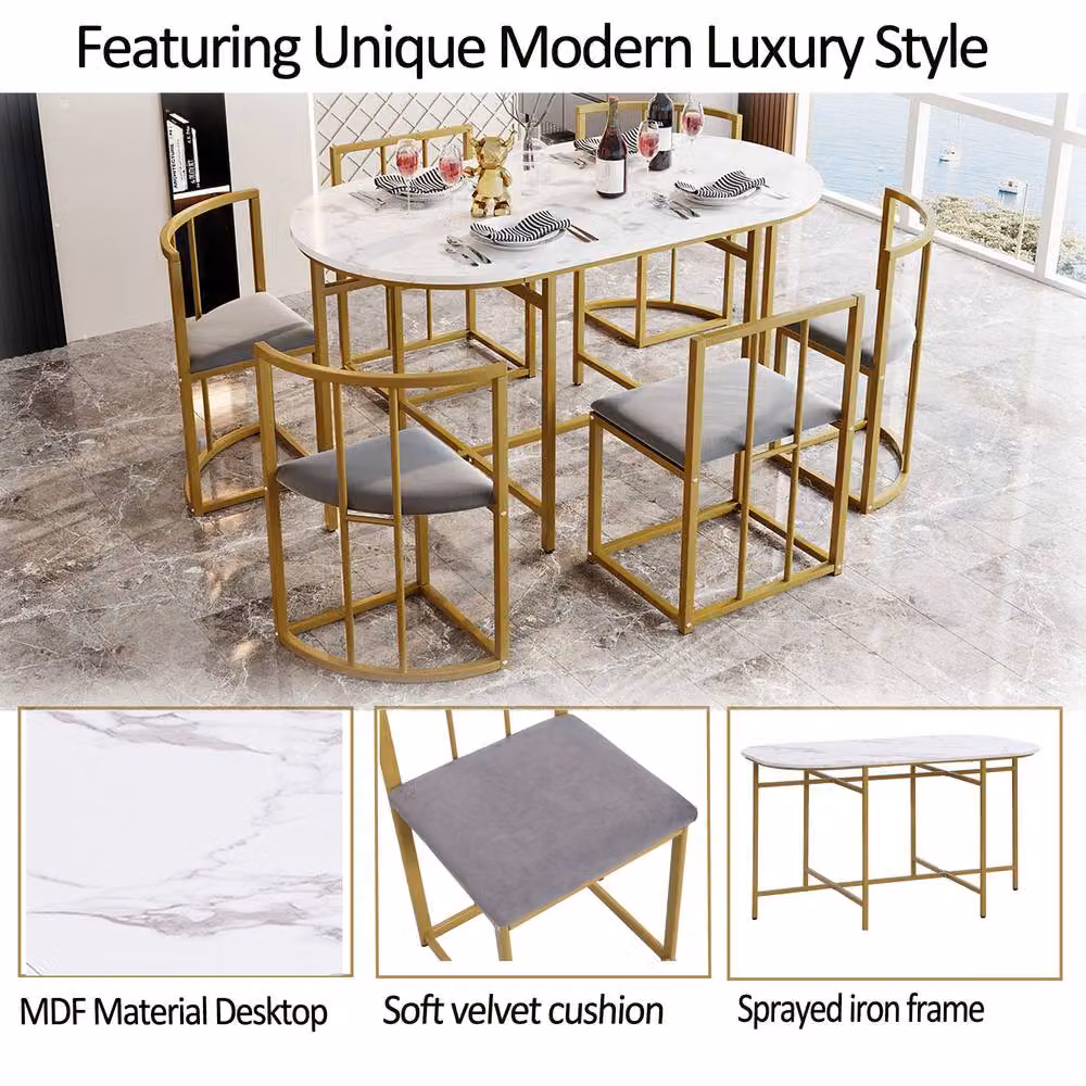 FENCHILIN Modern Dining Set with Rectangular Table and 6 Upholstered Chairs in Gold, White and Grey – 2