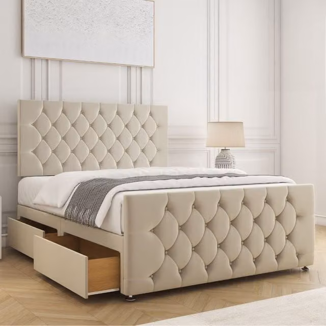 BSSPOKE Maya Plush Velvet Divan Bed with 24 inch Headboard, 2 Drawers on Same Side and Mattress, Beige, W/D/H: 180 x 200 cm