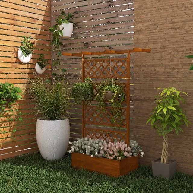 Outsunny Wooden Raised Garden Bed with Trellis for Climbing Plants, Orange