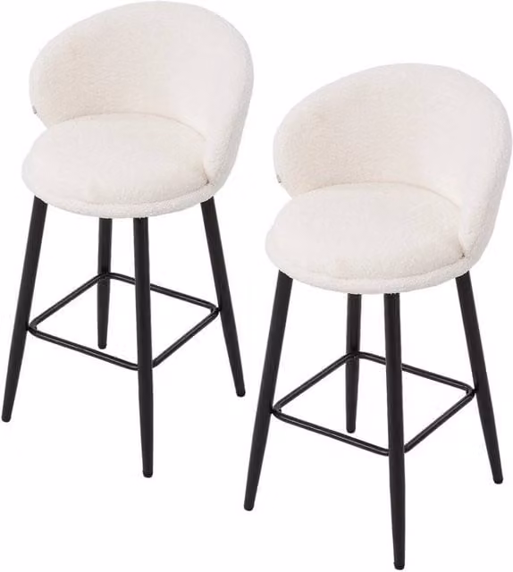 KORVIXA Set of 2 Modern Faux Lambskin Upholstered Bar Stools in White with Metal Frame