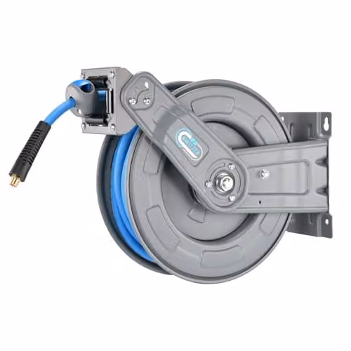SwitZer Heavy Duty Retractable Air Hose Reel with 20m Hybrid Polymer Hose, Grey, Wall Mounted Steel Construction – 1