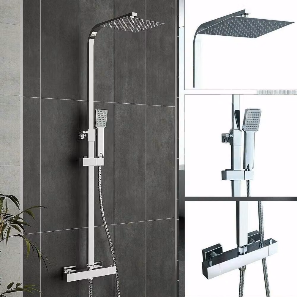 FLAVORA Exposed Thermostatic Shower Bar Mixer Twin Head Square Set in Silver with Rain Overhead Shower and Hand Shower, W/D/H: 1000 x 2000 mm – 2