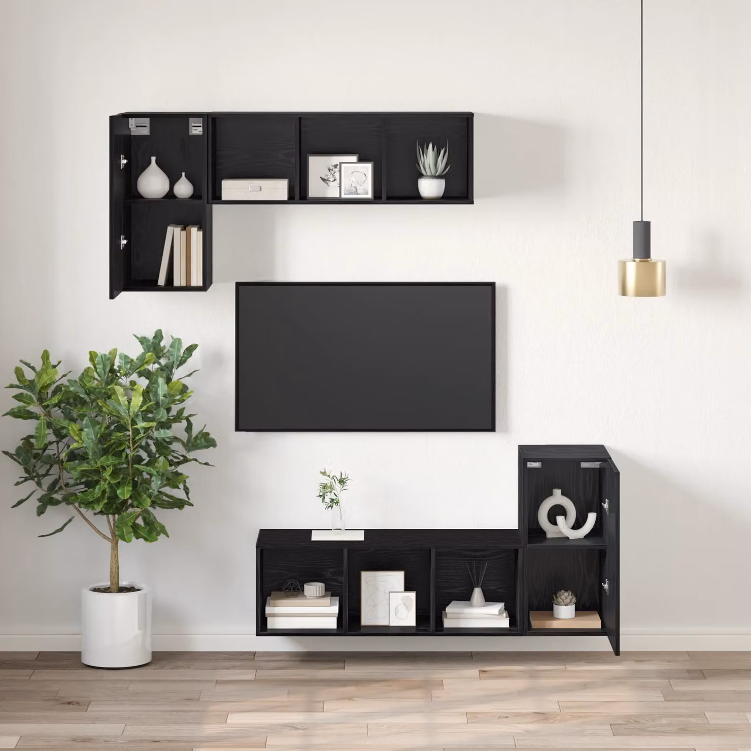 Berkfield Home Modern Wall-Mounted TV Unit Set with Storage Shelves and Hinged Doors in Black Oak Finish – 3