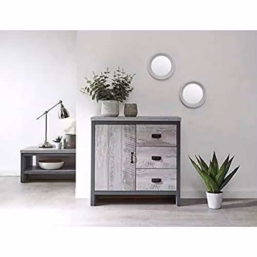 GFW Boston Grey Wood Effect Multi Storage Unit with 1 Door and 3 Drawers, W: 76 cm, D: 35 cm, H: 78 cm