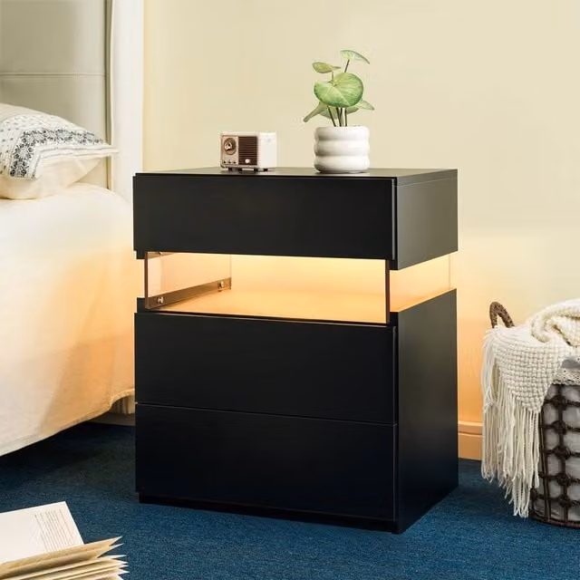 Direct Wicker Black Wicker and Acrylic LED Nightstand with 3 Drawers