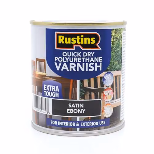 Rustins Quick Dry Polyurethane Varnish Satin Ebony 500ml, Water-Based Opaque Black Finish for Wood – 1