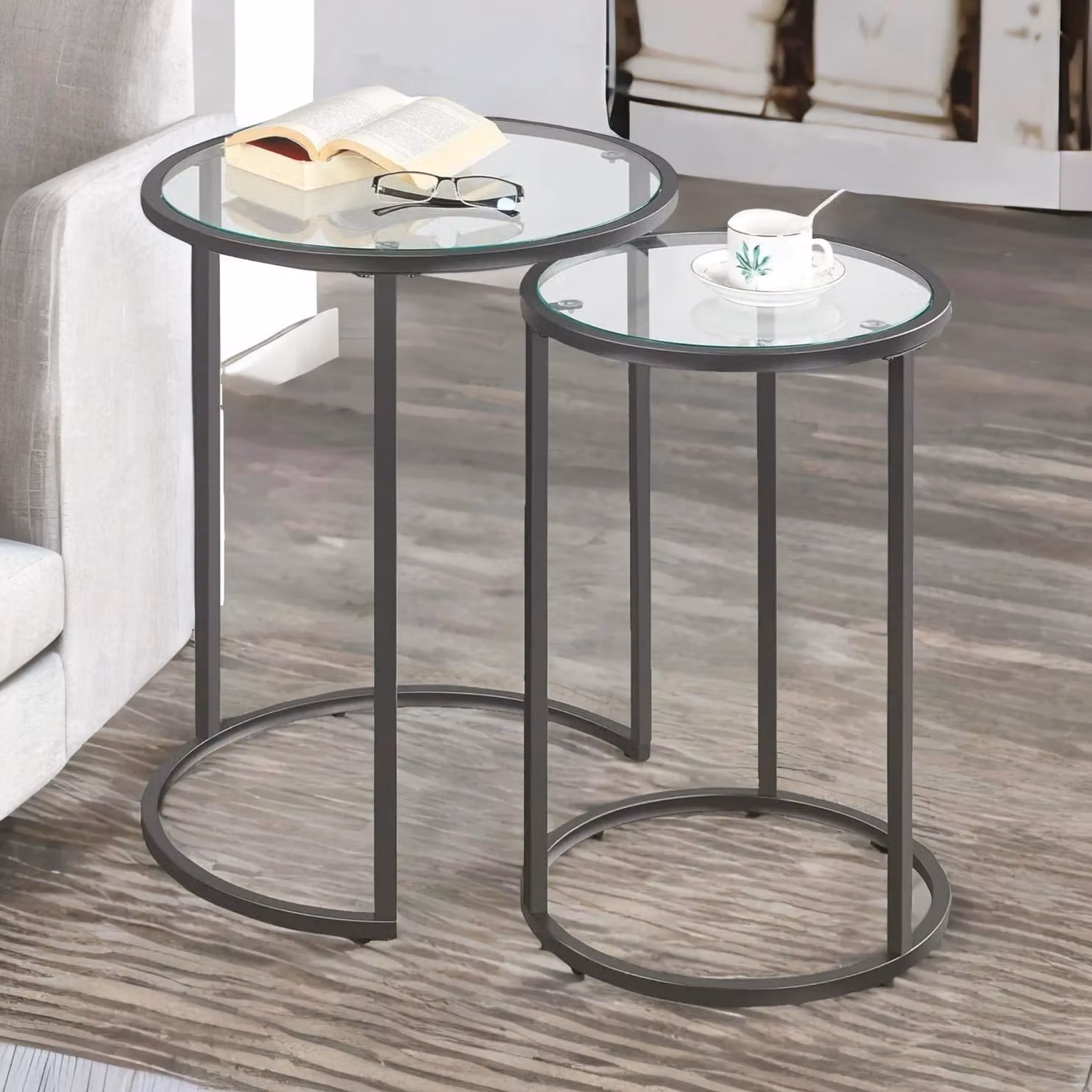 FURNOS Set of 2 Round Black Nesting Tables with Tempered Glass Tops – 2
