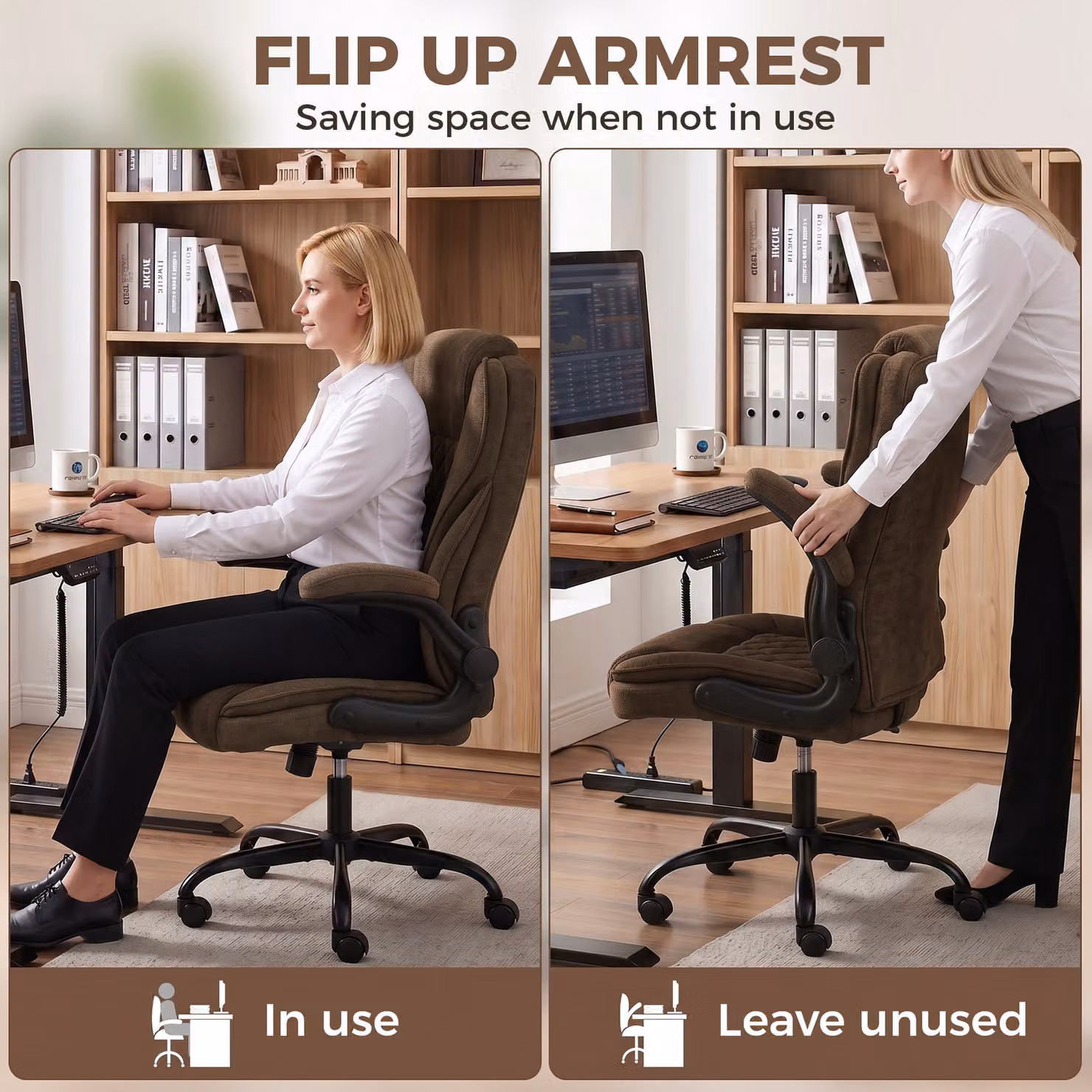 HOMCOM Ergonomic Brown Fabric Office Chair with Swivel Wheels and Adjustable Height – 7