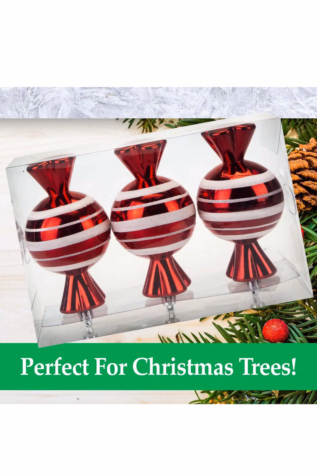 VFM e-Store Red and White Striped Glass Baubles, 3 Pack, Diameter: 14 cm – 2