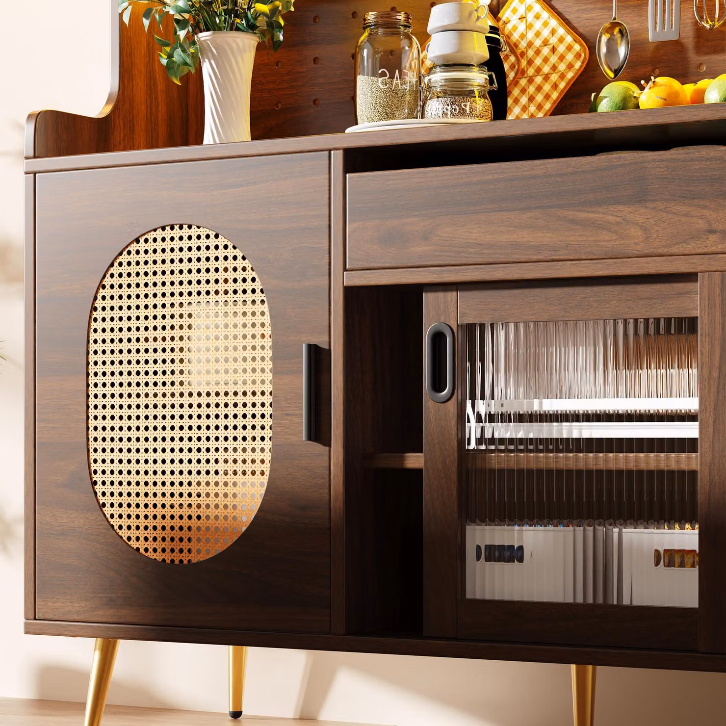 Aosom UK Country Style Sideboard with App-Controlled LED Light Strip, Brown, W: 145 cm, D: 39 cm, H: 171 cm – 7