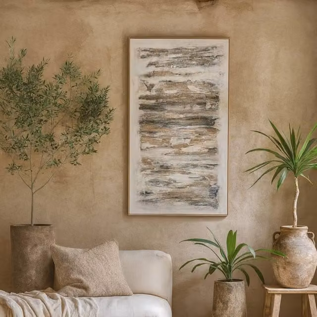 Wyld Haus Beynac Hand Painted Earthy Abstract Canvas in Frame, Brown, W: 150 cm, H: 80 cm
