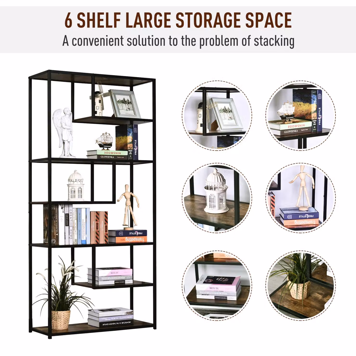 HOMCOM 6-Tier Industrial Style Wood and Metal Bookshelf in Brown – 3