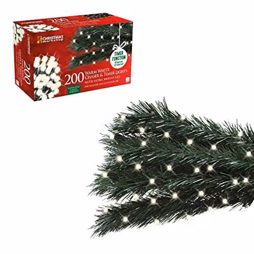The Christmas Workshop Premium LED Warm White Chaser Christmas Lights, Indoor/Outdoor Fairy Lights with 8 Modes and Timer, 200 Lights