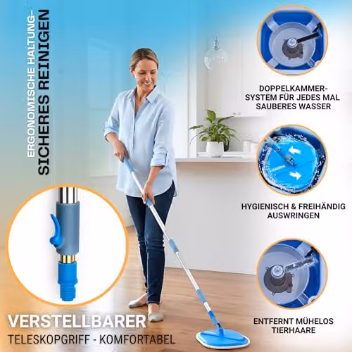 IGAD Professional Mop Kit with Bucket and 2-Chamber Water Separation System in Blue, featuring a 130 cm Telescopic Handle and Microfibre Mop Pad – 3