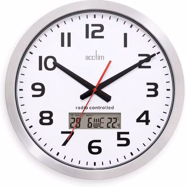 Acctim Meridian Radio Controlled Analog Wall Clock with LCD Date and Thermometer Display in Metallic Silver – 1