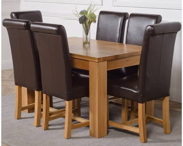 Thats Furniture Dakot Oak Small Dining Table and 6 Washington Brown Leather Chairs W: 127 cm, D: 82 cm