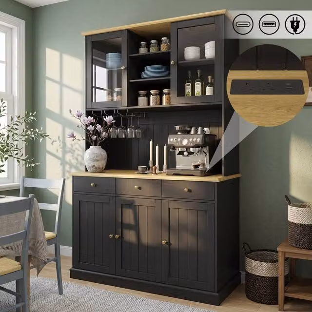 ModernLuxe Tall Kitchen Cabinet in Black with Glass Doors, Drawers, Shelves and Wine Glass Holder, H 191 x W 40 x D 40 cm – 1