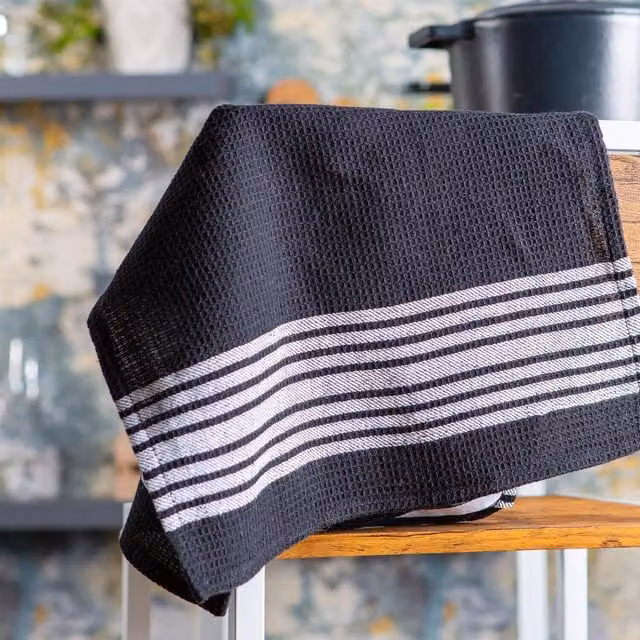 Nicola Spring Highly Absorbent Striped Cotton Tea Towel, Black, Pack of 2