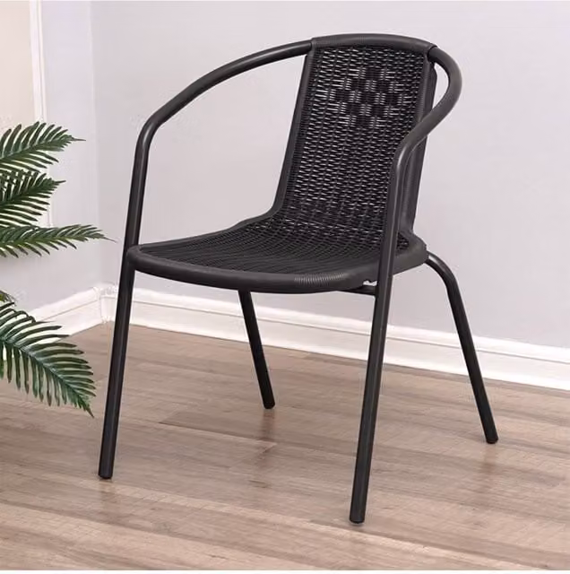 Living and Home Set of 4 Black PE Rattan Stacking Outdoor Garden Chairs with Metal Frame – 1