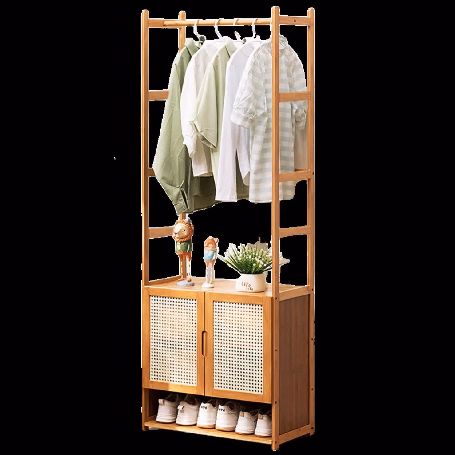 FURNOS Bamboo Hall Tree Coat Stand with Shoe Rack and Storage Cabinet in Natural – 2