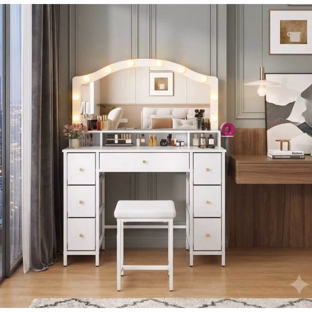 FORGEVIO Modern White Dressing Table with Hollywood LED Mirror and Drawers – 3