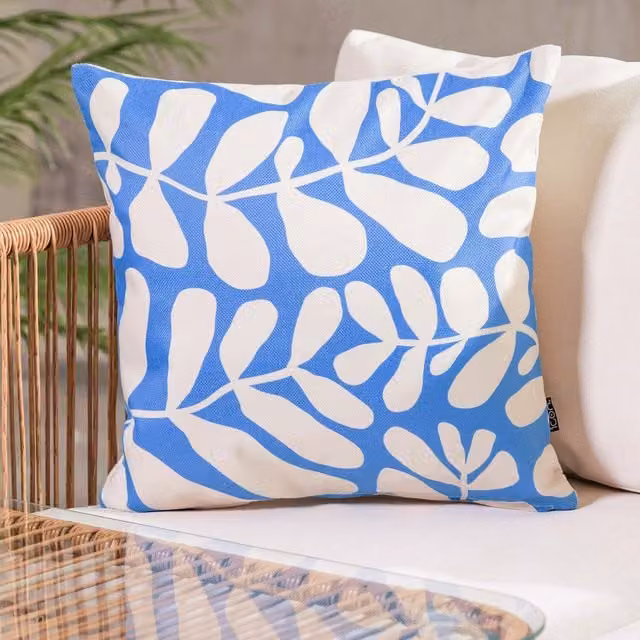 ICON Kyoto Abstract Leaf Blue Floral Square Cushion, W/D/H: 43 x 43 x 43 cm