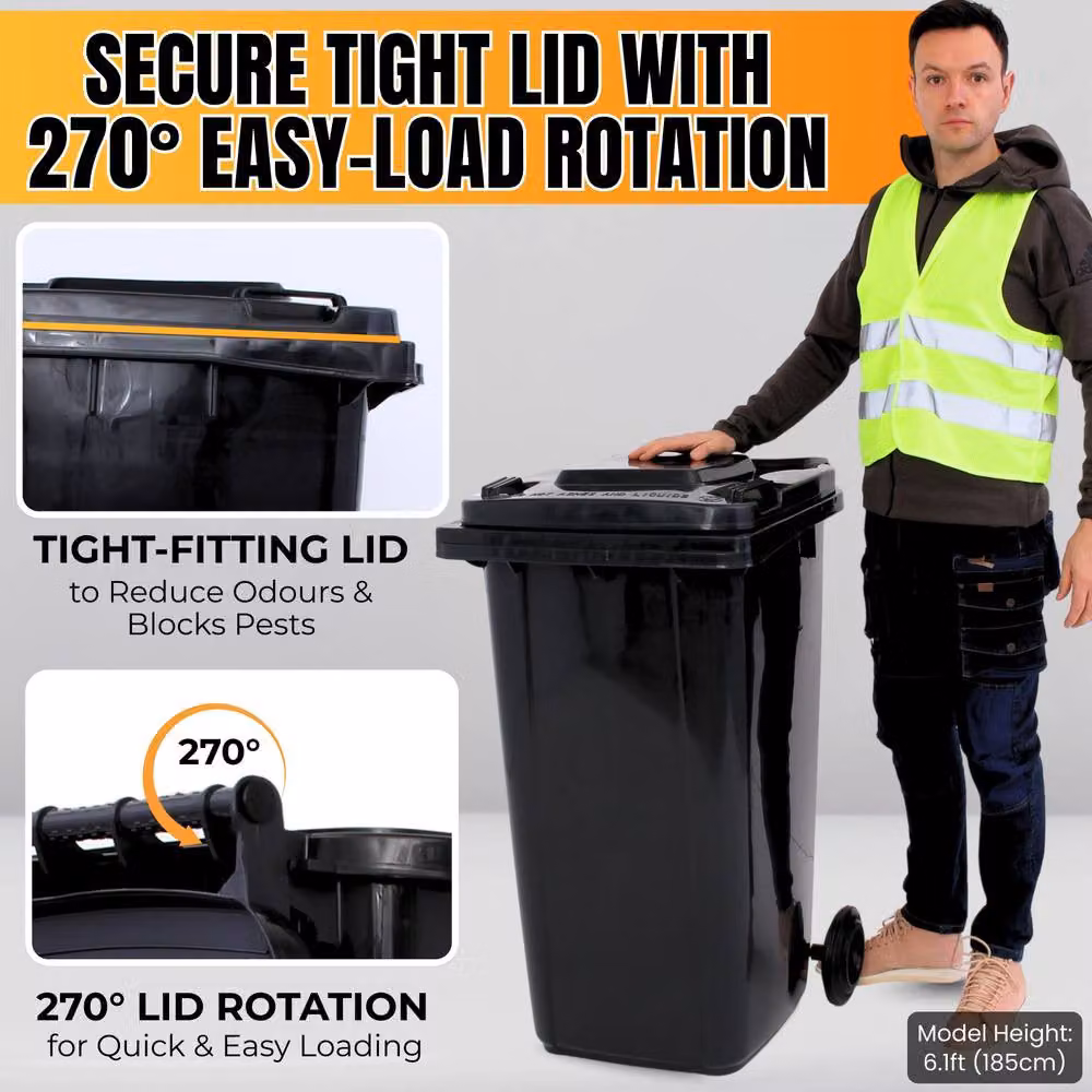 Novecrafto 240L Heavy-Duty Plastic Wheelie Bin with Flip Lid, Black – 7