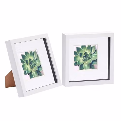 Nicola Spring 2 Piece Square 3D Shadow Box Photo Frame Set in White with Glass Aperture – 1