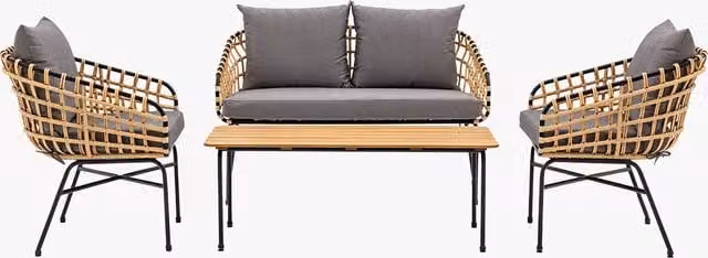 Perch & Parrow Oasis Outdoor Lounge Set with 2-Seater Sofa, Armchair and Cushions in Black and Grey Polyrattan
