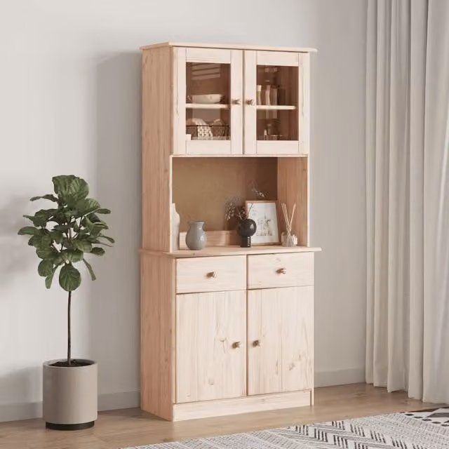 Berkfield Home ALTA Highboard in Brown Solid Wood Pine with Glass Doors, W/D/H: 77 x 35 x 165 cm – 1