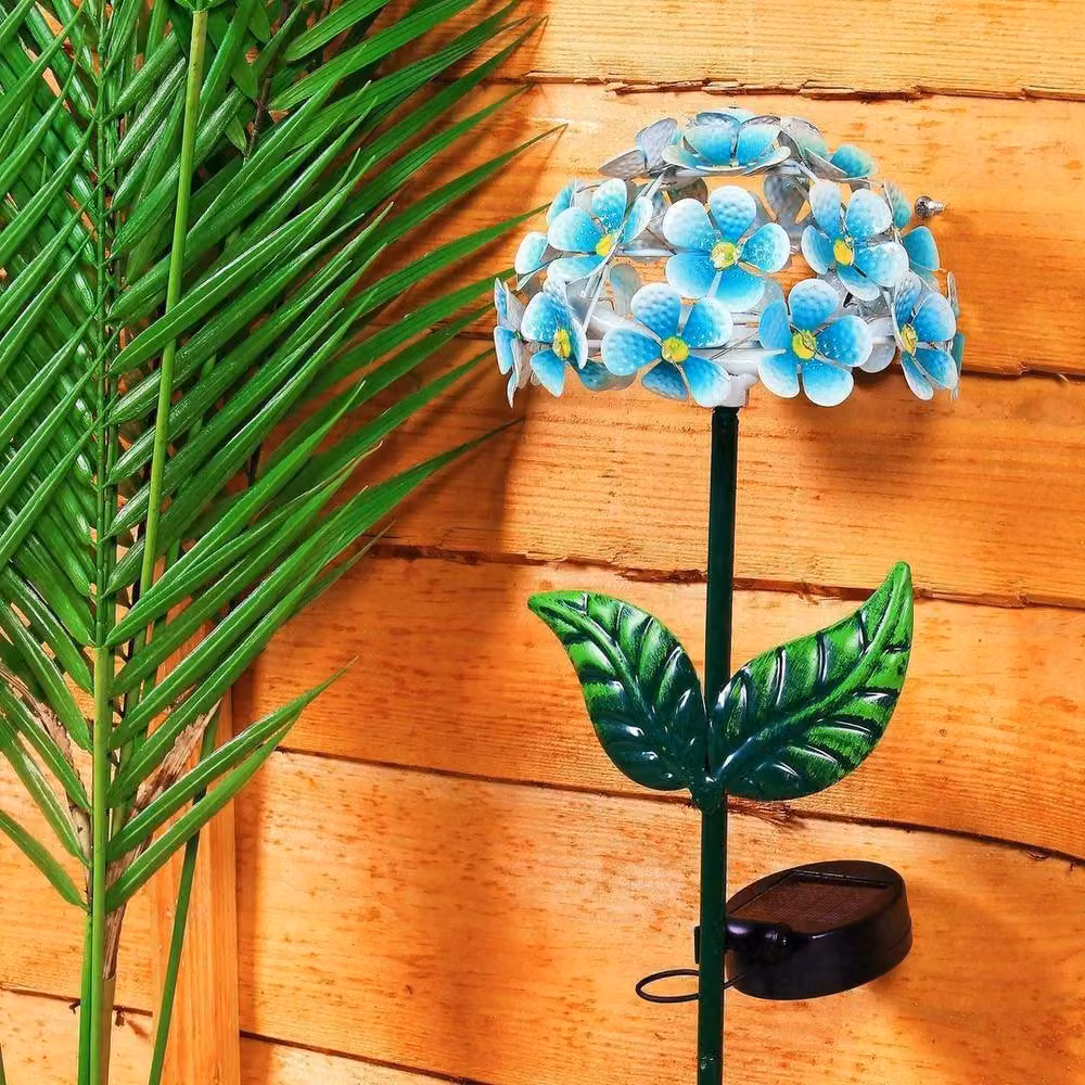 VOGREX Solar Powered 26 LED Metal Hydrangea Flower Garden Stake in Blue – 3