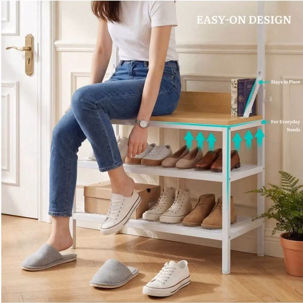 VOGREX Maple Industrial Hall Tree with Shoe Bench and 9 Hooks in Natural Wood – 3