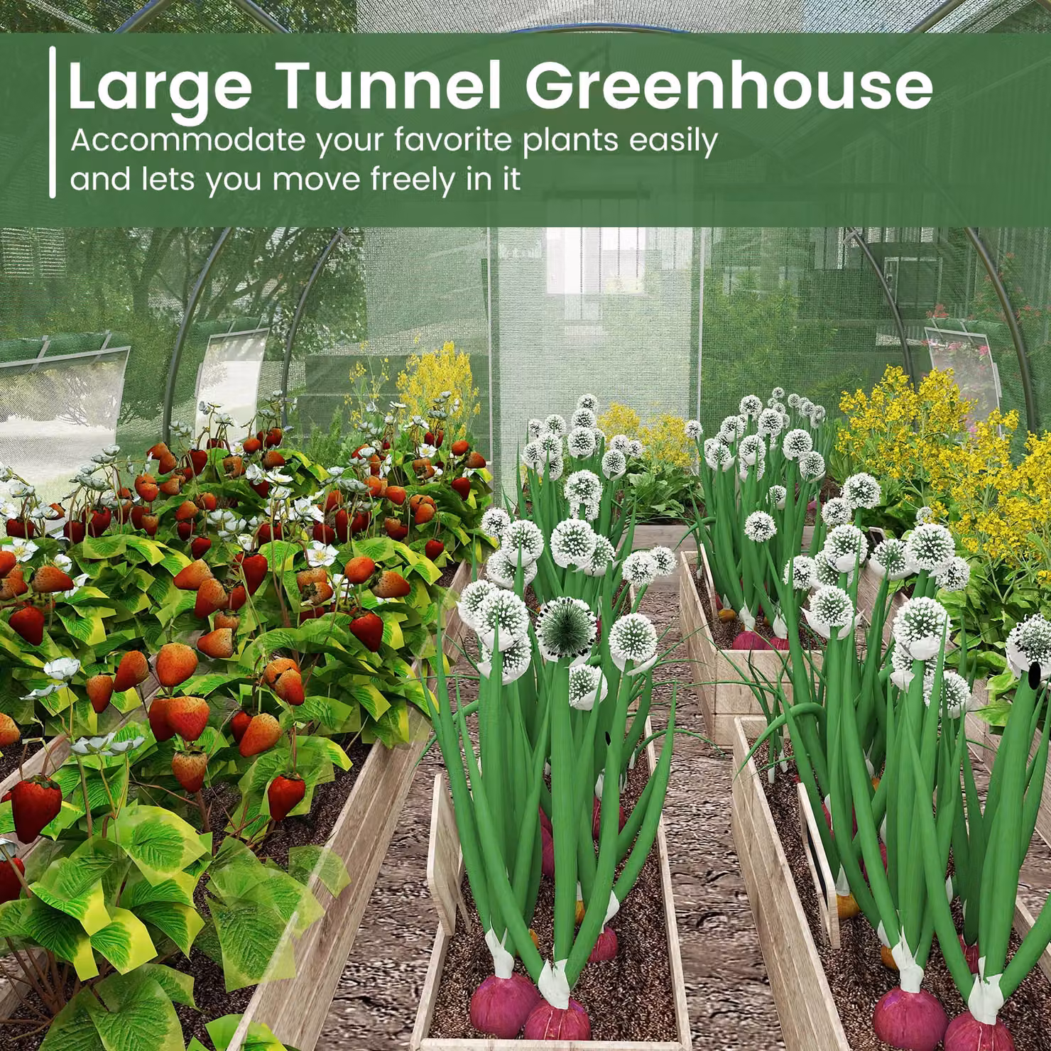 Costway Green Outdoor Walk-in Tunnel Greenhouse with Roll-up Windows, W/D/H: 400 x 300 x 200 cm – 4