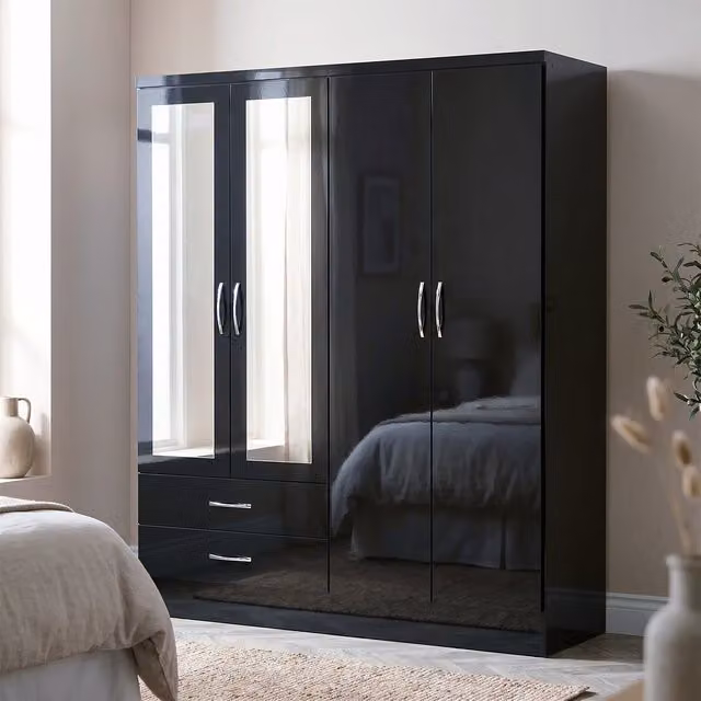 Seconique Nevada 4 Door 2 Drawer Wardrobe in Black Gloss