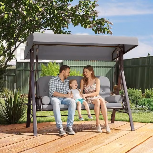 Outsunny 3 Seater Modern Garden Swing Chair with Sun Canopy and Cushions, Grey