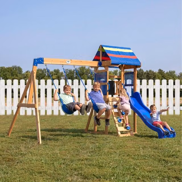 Backyard Discovery Bay Pointe Cedar Wood Climbing Frame with Swings, Slide, Canopy and Sandbox in Blue and Multicolour