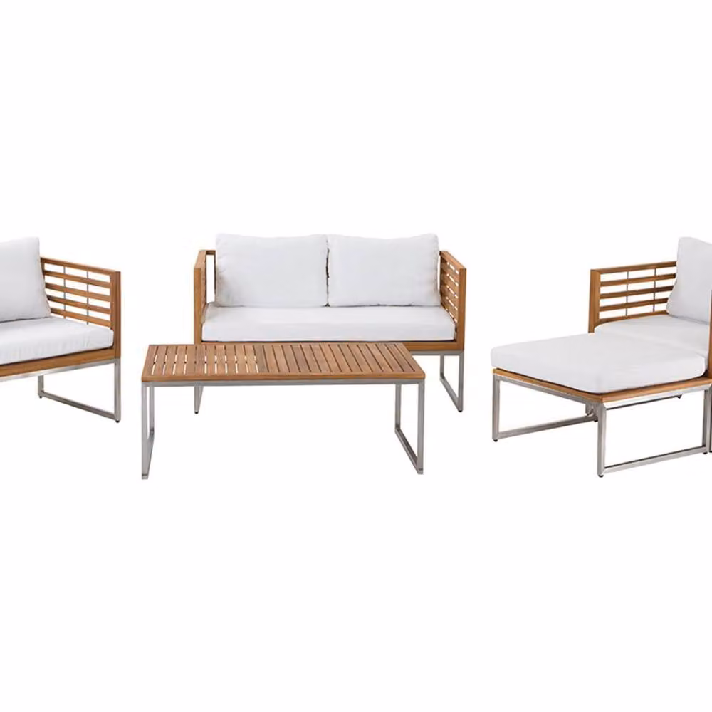 Wyld and Coco Everwood 4-Seater Acacia Garden Sofa Set with White Cushions in Brown – 2