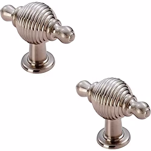 Loops 2 Pack Reeded Beehive Style Cabinet Door Knobs with Finials in Brushed Nickel Plated Silver, 26mm Diameter Rose