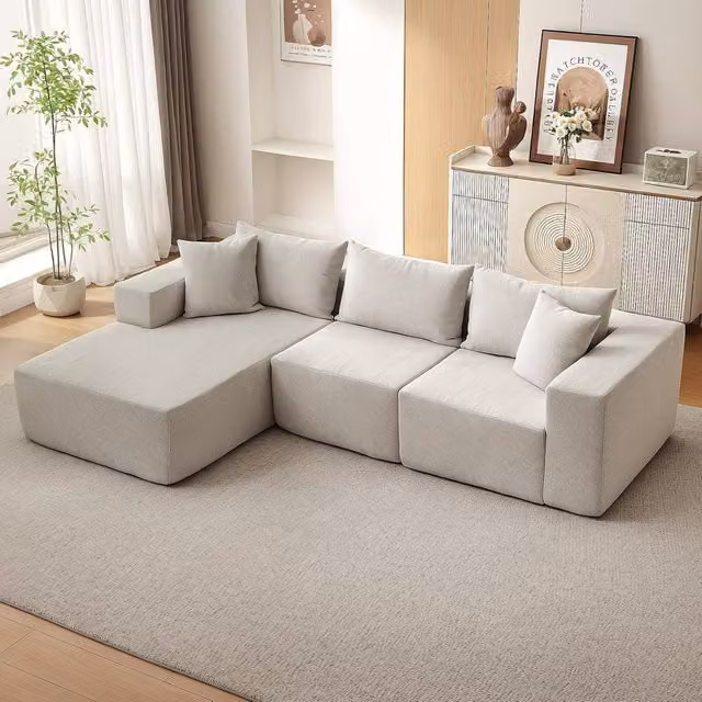 London Boutique L-Shaped Modular Sectional Sofa 3-4 Seater Beige Fabric Couch with Memory Foam and Scatter Cushions