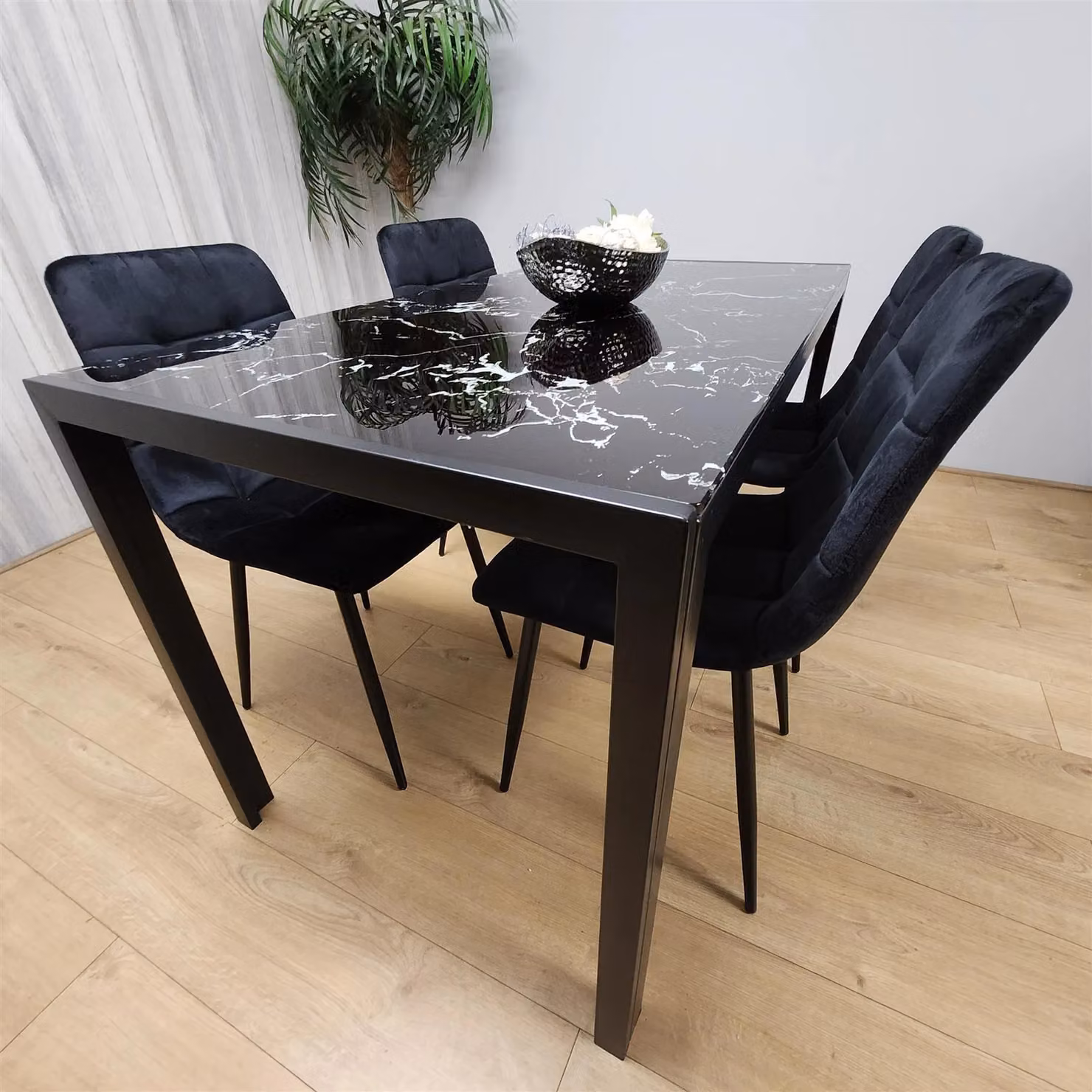 Kosy Koala Modern Black Glass Marble Effect Dining Table Set with 4 Black Velvet Chairs in Brown – 4