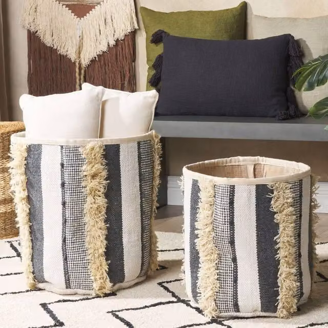 Wyld and Coco Set of 2 Open Weave Cotton Storage Baskets in Beige and Grey, W: 40 cm, D: 45 cm