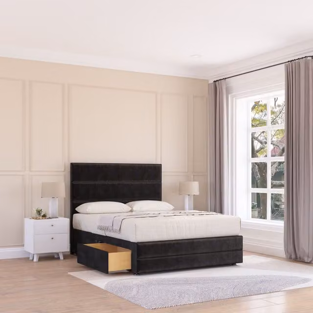 Sloomy Monaco Upholstered Velvet Bed Frame with 2 Drawers and Headboard, Black, W/D/H: 140 x 200 cm