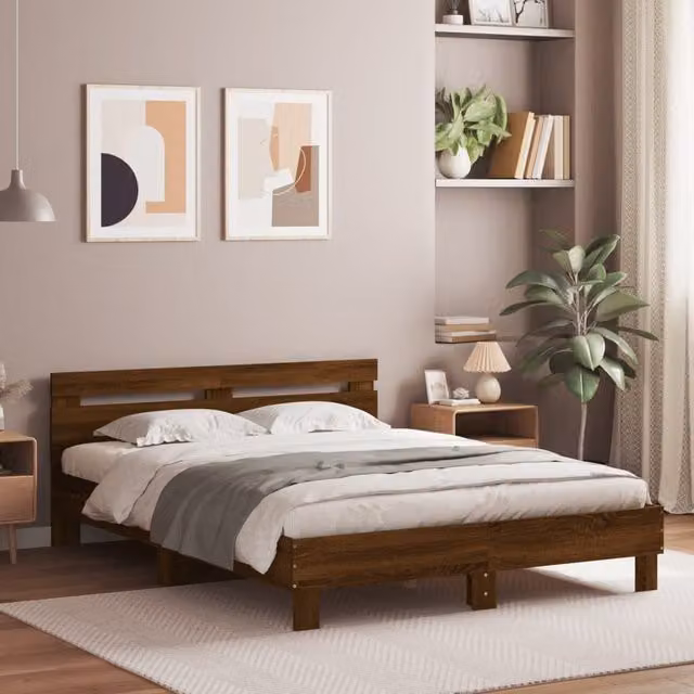 Berkfield Home Modern Bed Frame in Brown Oak, W: 140 cm, L: 200 cm